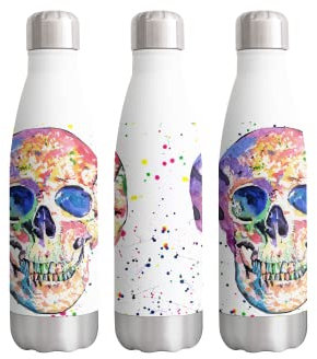 Skull Watercolour Rainbow Art Bottle Double Wall Insulated Stainless Steel Sport Drinks 500ml White Gift Ideal for School Work Office Oudoor Sports Keeps Hot and Cold Drinks
