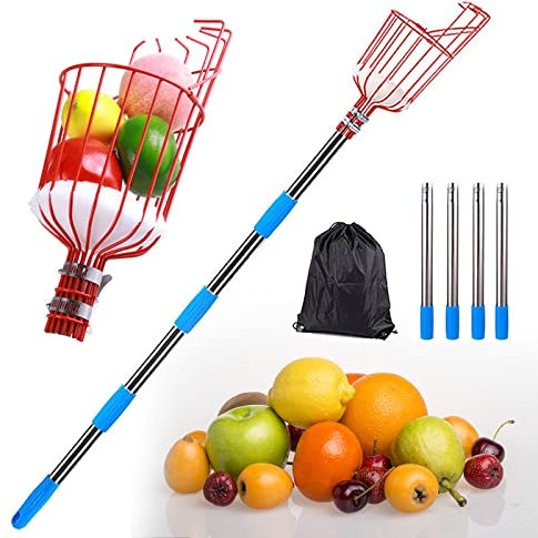 Telescopic Fruit Picker, 1.6 Meter Fruit Picker Tool with Light-Weight Aluminum Telescoping Pole and Basket, Fruit Grabber for Picking Apple Pear Cherry Mango Orange Etc