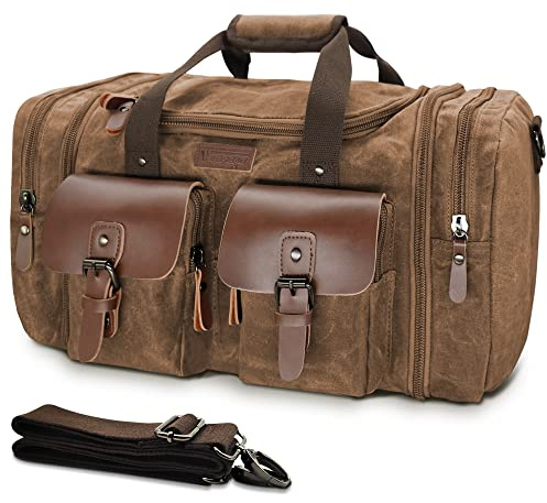 Wildroad Waxed Canvas Genuine Leather 50L Waterproof Duffle Bag - Vintage Travel Weekender Overnight Carry On