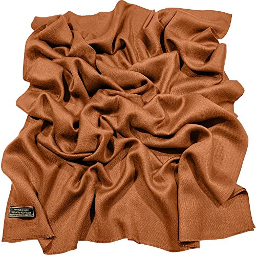 CJ Apparel Einfarbiges Design, nepalesischer Fransen-Schal, Stola, Überwurf, Kopfbedeckung, Pashmina, Khaki, Orange, Einheitsgröße