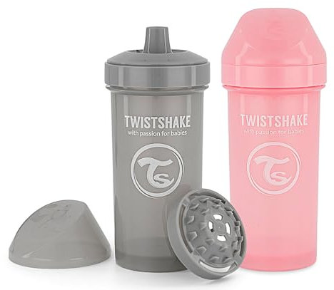 Twistshake 2x Kids Cup | Leak-Proof Baby Drinking Bottle With Hard Spout and Fruit Mixer - 360ml | Trainer Bottle for Toddlers | Spill-Proof Baby Water Bottles | Non-Spill & BPA-Free | Pink Grey