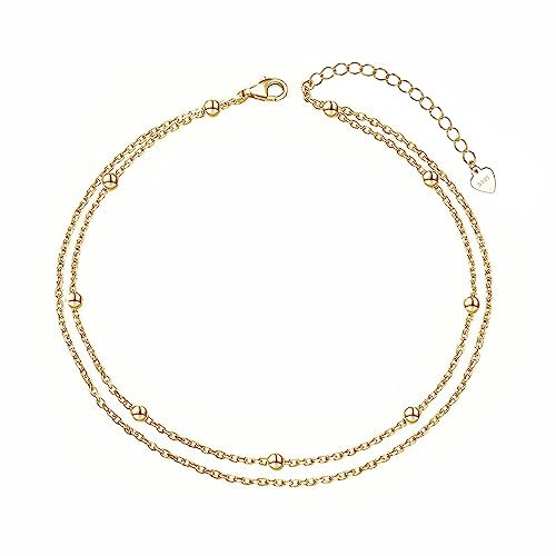 Cangall Silber Fußketten für Damen, 925 Sterling Silber Fußkettchen Armband, Flexibel Verstellbar Sommer Barfuß Strand Gold Doppel-Fußkette mit Kugeln, Fußkette Gold Fußschmuck Fußspange am Fußgelenk