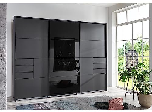 Lomadox Moderner Schwebetürenschrank mit mittlerer Glasfront in schwarz, Schubkästen, Kleiderstangen in Graphit, Schlafzimmer, Schlafzimmerschrank, Kleiderschrank, Ankleidezimmer, Ankleide, Schrank