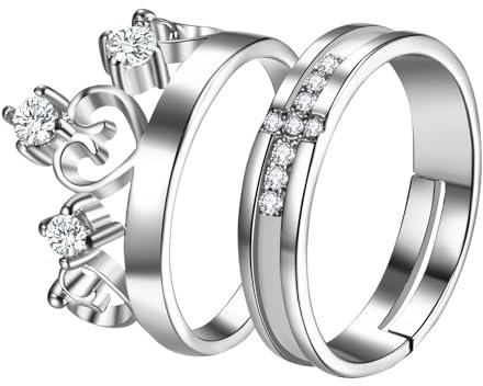 OIDEA Verlohbungsring Verstellbar Krone Kreuz: 2PCS Ringe aus Edelstahl mit Cubic Zirkonia Strasssteine & Herz für Pärchen, Hochzeitsring Partnerringe als Geschenk in Weihnachtstag Valentinstag