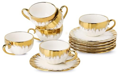 LETAOTAO Espressotassen und Untertassen, 70.9 g Porzellan Espressotassen Set mit 6 Stück, Keramik-Kaffeetassen mit Goldrand, Espressotassen, Mini-Demitasse-Tassen mit Griff für einzelnen Espresso,