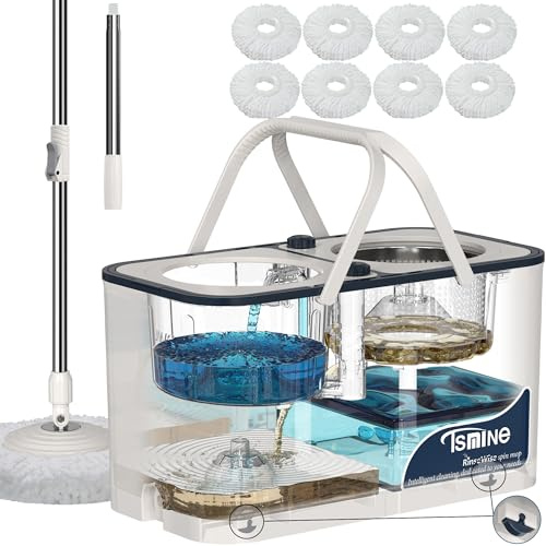 Spin Mop, Wischmopp- und Eimersystem, sauberes und schmutziges Wasser Werden getrennt, 4-Kammer-Hartholz-Bodenwischer, Haushaltsreinigungswerkzeug mit 8 Mikrofaser-Ersatzköpfen