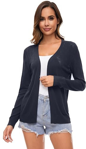 Famrrifuu Cardigan Donna in Maglia Cotone Leggero Maniche Lunghe Aperto Giacca Elegante Casual Cardigan,Blu,M