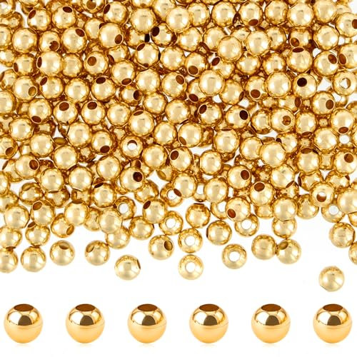RUBY 4mm Perlen Gold, 300 Stück Goldene Perlen-18K Vergoldete Messingperlen, für DIY Bracelet Ohrringherstellung Making Kit, Partys, Feiertage