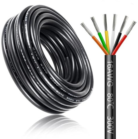 5 Meter 16AWG 6x1,5mm² Elektrischer Kabel, 6 Adriges Kabel 5V/12V/24V/300V Stromkabel Verzinntes Kupferkabel, Flexibel und Weich Niedrige Impedanz Hohe Temperaturbeständigkeit Verlängerungskabel