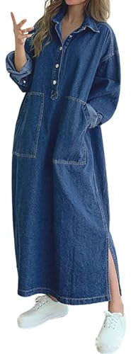 Jofemuho Womens Spring Fall Long Sleeve Denim Maxi Shirt Dress with Split, Z-dark Blue, L