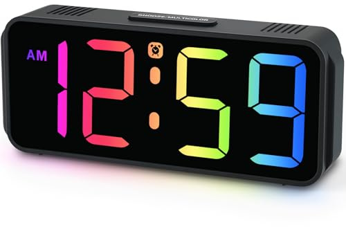 Peakeep Small Tiny Digital Alarm Clock Plug in for Kids Bedroom Bedside Nightstand, RGB Colorful Changing Large Display for Travel, Dimmable 6 Brightness, Corded Electric Battery Backup (Black - RGB)