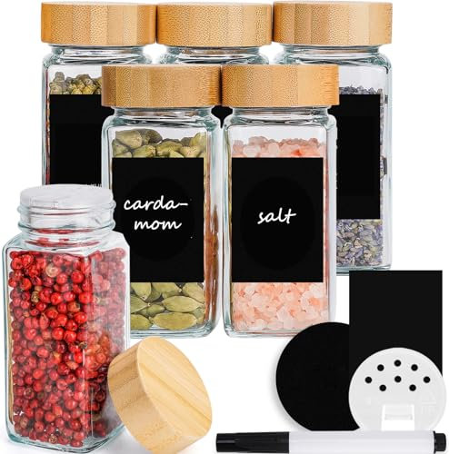 Happy Lemuro Gewürzgläser Eckig 120ml [6er Set] Gewürzgläser mit Streueinsatz, Bambusdeckeln, Etiketten in Schwarz | Gewürzbehälter Set, Gewürzaufbewahrung, Gewürz Gläser