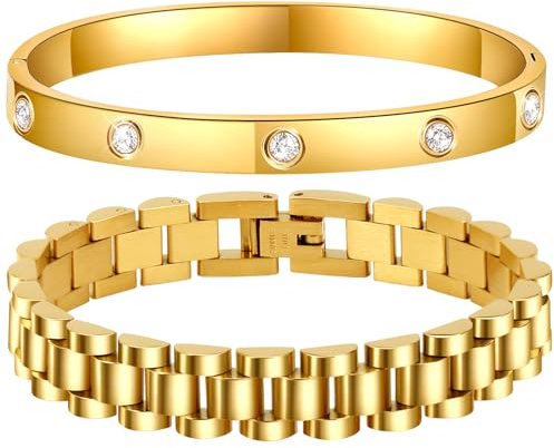 Ahokei Armreif Gold Armband Damen,18K Gold Edelstahl Dick Armkette Damen Armbänder Schmuck 2PC Titan-Stahl Armband Set 18CM Armreifen,Geschenk für Sie