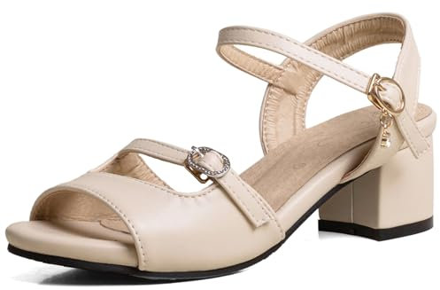 OALEEN Sandales Nu-pieds Femme Eté Petit Talon Carré Bride Cheville Boucle PU Cuir Confortable Chaussures Ouverte Soirée Beige 38