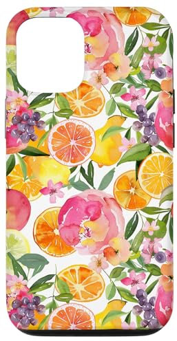 Coque pour iPhone 12/12 Pro Motif aquarelle fleurs roses et agrumes