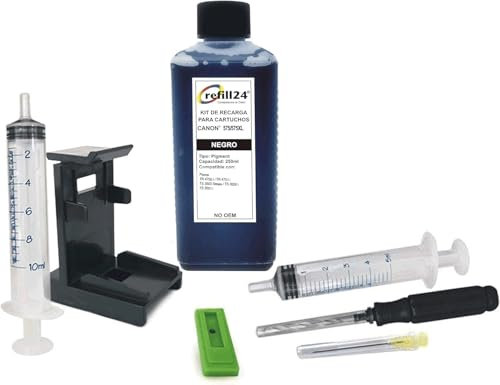 refill24 Nachfüllset, kompatibel mit Canon PG-575, PG-575 XL für Tintenpatronen, Schwarz, inklusive Clip und Zubehör + Anleitung + 250 ml Tinte kompatibel mit Pixma TS TR