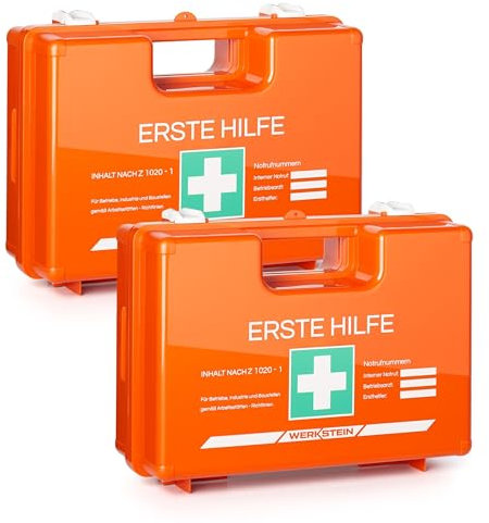 2x Erste Hilfe Kasten ÖNORM Z1020 Typ1 - Verbandskasten inkl. praktischer Wandhalterung, 5x Aufkleber, Gesichtsmasken, Feuchttücher & Plombe - Erste Hilfe Koffer für Betriebe, Einrichtungen & Zuhause