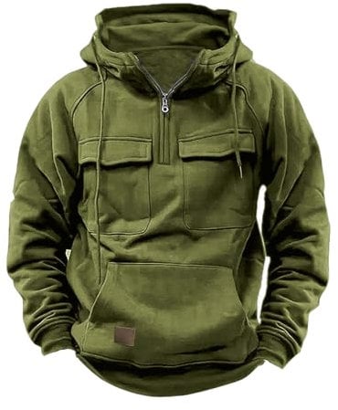 RLEHJN Tactical Hoodies for Men UK, Cargo Military Jacket Men Half Zip Sweatshirt Long Sleeve Casual Plain Hoody Multi Pockets Hooded Pullover Lightweight Coats for Outdoor Workout Gym Sports Running