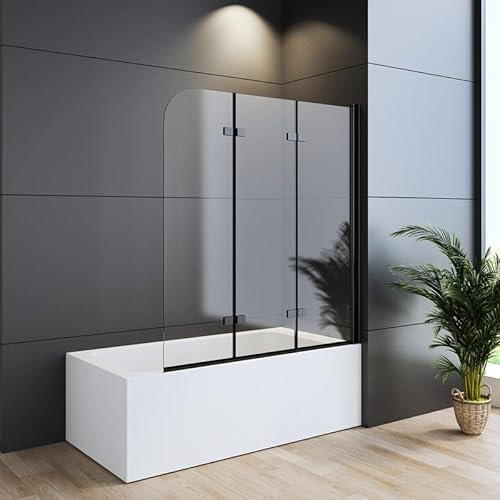 WDWRITTI Duschwand für Badewanne 140x140cm 3-teilig faltbar Schwarz Duschabtrennung, Dreiteilige Duschtrennwand mit 6mm ESG Easy-Clean Sicherheitsglas, Faltwand für Badewanne