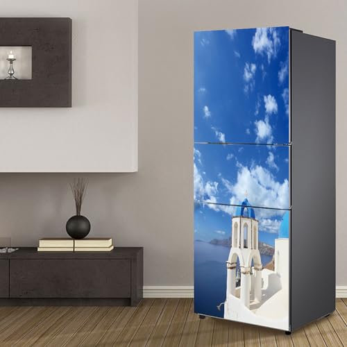 HD DIY Fridge Sticker,Fridge Wraps Kitchen Fridge Stickers Cover Full Doors,Fridge Sticker Full Covering Door Fridge Covers Skins Wall Stickers for Kitchen Decal,Greek Aegean Sea Blue Sky White House(