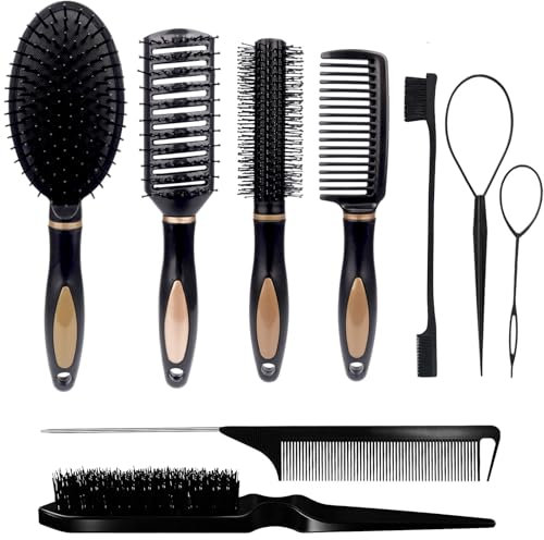 9PCS Professional Hair Brush Kit for Women, Men & Stylists - Anti-Static Detangling & Styling Combs Set with Edge Control, Boar Bristle & Rat Tail Tools for Curly/Straight Hair, Thick/Fine Hair