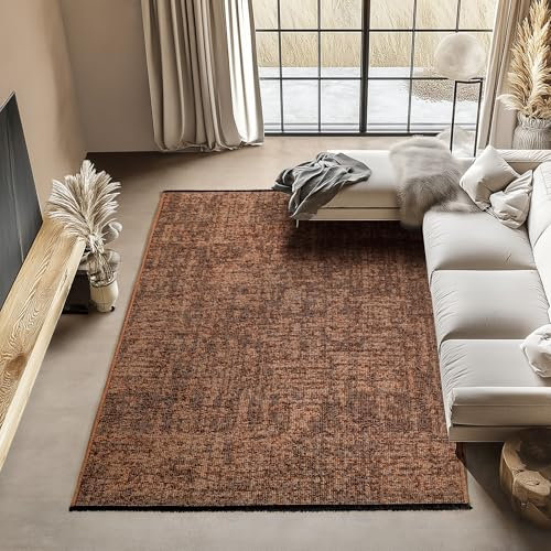 Carpettex Chenille Teppich Baumwolle Terrakotta 160x230 cm Boho-Stil, Vintage Kelim, Waschbar, Kurzflor, rutschfest & Weich, Einfarbig Meliert, Für Wohnzimmer, Schlafzimmer, Büro & Küche