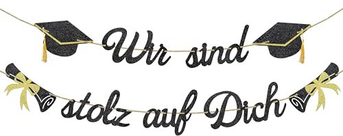 Glitzer 2025 Graduation Deko Girlande, Wir sind stolz auf Dich Abschluss Deko Banner, Bachelor Hut Hängedeko für Abitur, Bachelor und Master Graduation Abschlussparty Dekoration (Schwarz W)