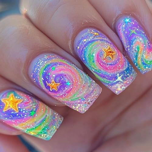 Lot de 24 faux ongles pailletés en acrylique - Motif étoiles - À coller sur les ongles longs