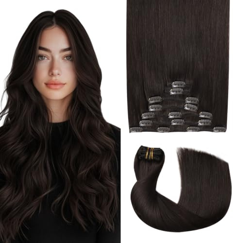 Sweetmet Pro2.0 Clip in Extensions Echthaar 120g Dick 7 Stück für Frauen | Farbe #2 Dunkelstes Braun Remy Echthaar Extensions Clip 35cm Nahtloser Doppelwebstoff (#2-35cm)