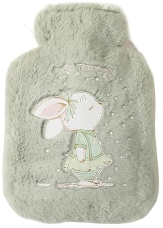 Borsa dell'acqua calda a forma di coniglio peluche, riempita d'acqua, piccola borsa scaldamani portatile in velluto, carina per Collo e Spalle,Schiena(Green)