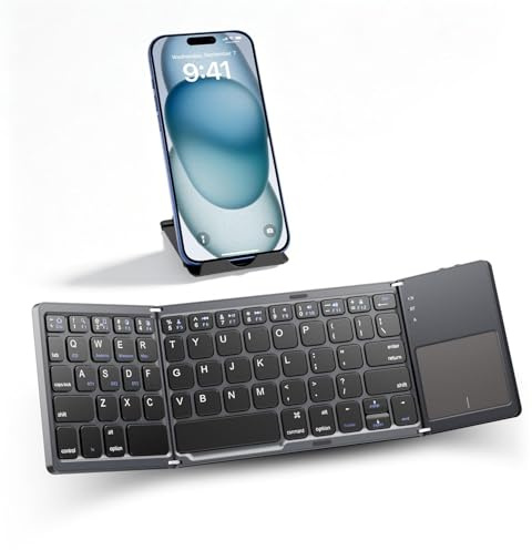 Jeifhxu Foldable Bluetooth Keyboard with Touchpad, Portable Travel Wireless Mini Folding Keyboard with Trackpad – Rechargeable Pocket Size Bluetooth Keyboard for iPad, Android, iOS, Windows, PC