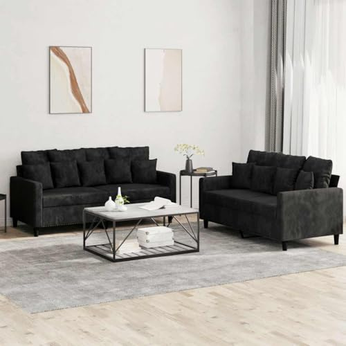 Kaloriko 2-TLG Sofagarnitur Schwarz Samt mit Kissen 2-Sitzer Polstergarnitur Wohnzimmer Couch Couchgarnitur Relaxfunktion gemütlich platzsparend langlebig