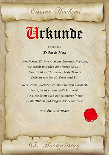 Eiserne Hochzeit - Urkunde zum 65. Hochzeitstag - personalisiert XL Eisenhochzeit Geschenk Karte - A4 Geschenkidee mit Name & Datum - Glückwunschkarte
