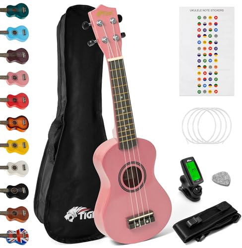 TIGER UKEKIT-PK Pacchetto Ukulele per principianti, Ukulele soprano, accordatore, tracolla, adesivi, corde di ricambio e plettro in feltro - Rosa