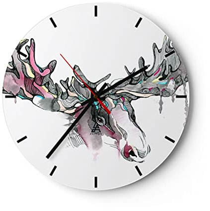 Modern Wanduhr Moose Bunt Kopf Abbildung 40x40cm Rund Groß Wand Uhr Glas Analog Zimmeruhren Küche Büro Wohnzimmer Glasuhr Wall Clock Dekoration Design Wanddekoration Küchenuhr C3AR40x40-3033