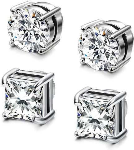 MILACOLATO 2 Pairs Stainless Steel Stud Earrings for Men Women Fake Non-piercing CZ Hypoallergenic 4-10mm