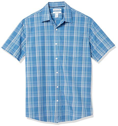 Amazon Essentials Chemise en Popeline à Manches Courtes Coupe Régulière Homme, Bleu des Mers du Sud À Carreaux, M