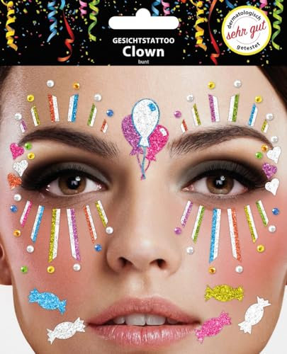 Gesichtstattoo - Glitzer Aufkleber Klebetattoos Temporäres Glitter Face Tattoo Motto Party Karneval Halloween (Clown Bunt)