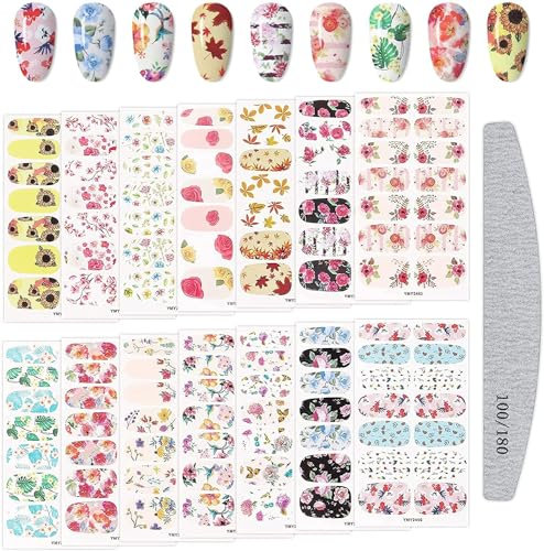 Kalolary Full Wraps Nail Polish Stickers, 14 Sheets Flowers Nail Stickers Decals Nail Design Stickers Colorful Flower Print Self-Adhesive with Nail File for Fingernails Decor Manicure