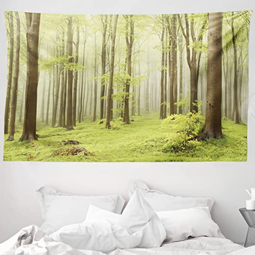 ABAKUHAUS Wald Wandteppich und Tagesdecke, Misty Frühling Natur aus Weiches Mikrofaser Stoff Waschbar ohne Verblassen Digitaldruck, 230 x 140 cm, Beige Grün