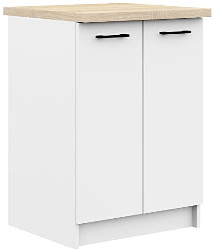 ADGO Oliwia Küchenschrank mit Arbeitsplatte, Küchenarbeitsplatte Arbeitplatte, Standschrank, Unterschrank, Regalböden, Einbauküchenschrank Küchen Schrank Möbel, Küchenzeile, Schwarze Griffe/Weiß (S60)