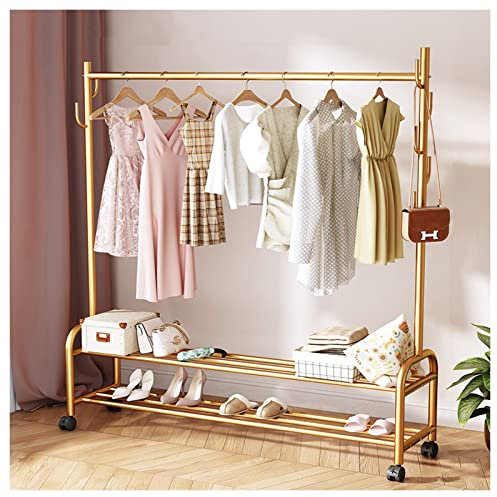 QWERTYUKJ Mobiler Kleiderständer Mit Rollen Robuste Kleiderstange Strapazierfähiger Kleiderständer Aus Metall Freistehender Kleiderbügel Mit 2 Etagen Untere Regale (Color : Gold, Size : 150 cm)