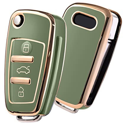 OATSBASF Schlüsselhülle Geeignet für Audi, Autoschlüssel Hülle für A1 A3 A4 A6 Q3 Q5 Q7 S3 R8 TT Silicone TPU Schutzhülle (Goldener Rand-Grün)