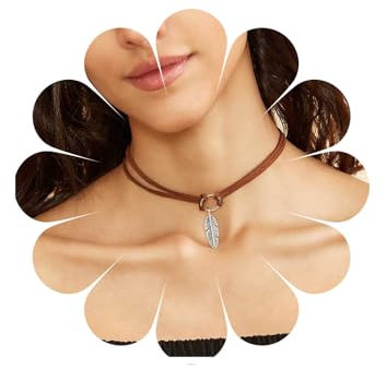 Allereya Vintage Geschichtet Leder Halskette Halskette Silber Feder Anhänger Halskette Choker Braun Kurz Samt Halskette Geometrischen Kreis Choker Halskette Schmuck Für Frauen Und Mädchen (braun)