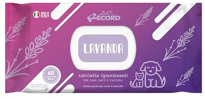 Record Wet sanitizing wipes for dogs and cats. Dog wipes and cat wipes. Pack of 40. Pet wipes for hair, paws, muzzle and eyes. Respect skin and pH. Aroma Lavender