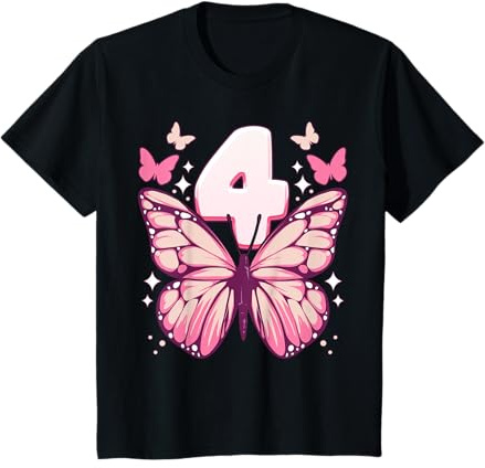 Kinder Geburtstag Mädchen 4 Jahre, Schmetterlinge und Nummer 4 T-Shirt