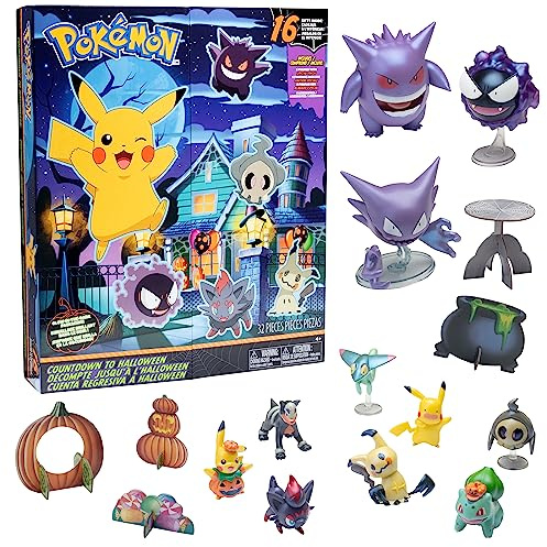 Jazwares Pokémon Halloween Countdown Advent Calendar for , 16 Piece Gift Playset - Set Includes Pikachu, Bulbasaur, Bulbasaur and More - 11 Toy Character Figures & 5 Halloween Accessories - Ages 4+
