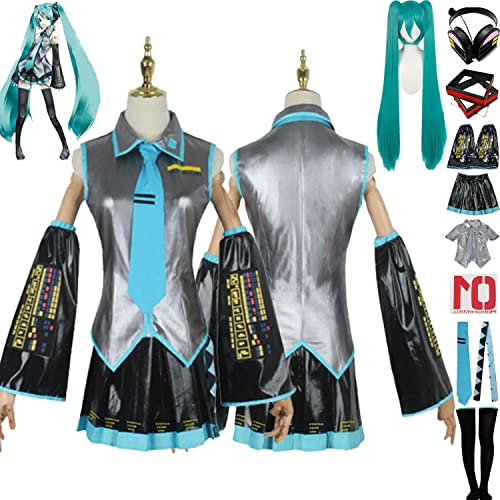 Tjmiaohao Anime Vocaloid Miku Cosplay Kostüm Outfit PU Leder Kleid Uniform Full Set Frauen Mädchen Halloween Party Dress Up Anzug mit Perücke/Kopfschmuck/Kopfhörer/Aufkleber (M)