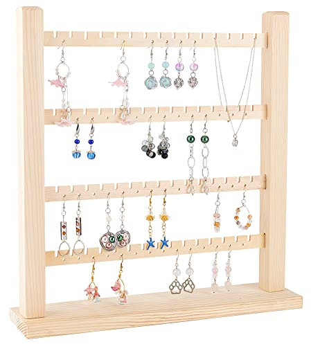 FINGERINSPIRE Espositore per orecchini in legno a 4 livelli (60 slot e 56 fori), espositore rimovibile per orecchini, gioielli, per orecchini lunghi