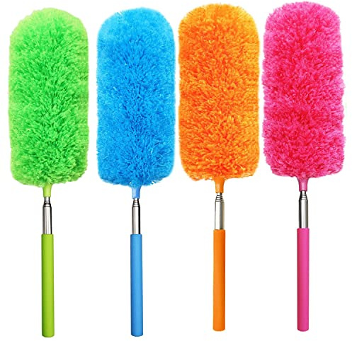 4-pack mikrofiberfjäderdammvippa, med utdragbar stång och böjbart huvud, tvättbart mikrofiberrengöringsverktyg för rengöring av kontor, bil, dator, möbler, soffa, fotoram